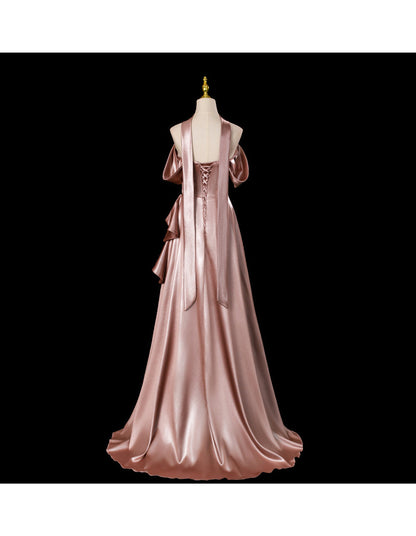 Fairy Off-shoulder Birthday Dresses Sheath Pink Long Prom Dresses Satin Sleevless Evening Dresses DP04426