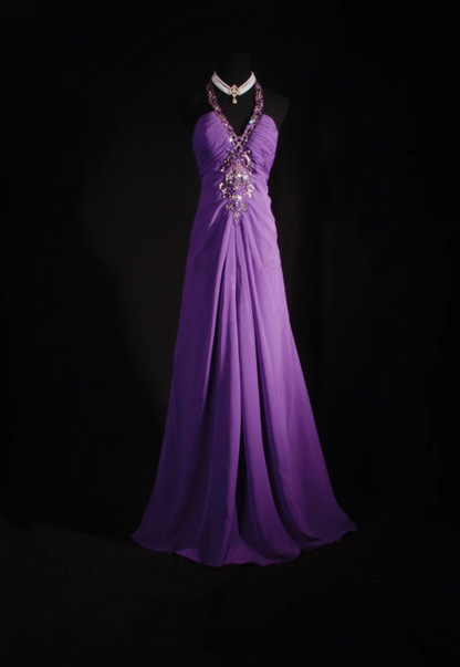 Elegant Sheath Purple Long Prom Dresses V-neck Birthday Dresses Beaded Chiffon Sleevless Evening Dresses DP04428