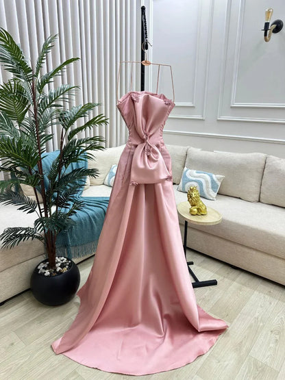 Elegant A-line Pink Long Prom Dresses Appliques Satin Strapless Birthday Dresses Beaded  Sleevless Evening Dresses DP04431