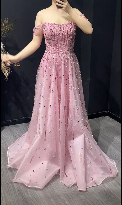 Elegant A-line Pink Long Prom Dresses Appliques Tulle Strapless Birthday Dresses Beaded Sleevless Evening Dresses DP04432
