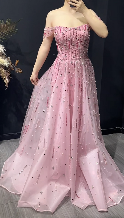 Elegant A-line Pink Long Prom Dresses Appliques Tulle Strapless Birthday Dresses Beaded Sleevless Evening Dresses DP04432