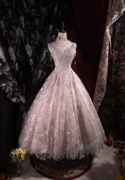 Cute A-line Pink Long Prom Dresses Lace V-neck Birthday Dresses Sleevless Evening Dresses DP04434