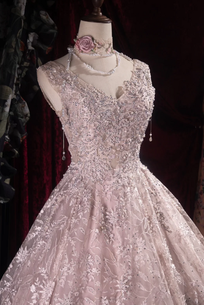Cute A-line Pink Long Prom Dresses Lace V-neck Birthday Dresses Sleevless Evening Dresses DP04434
