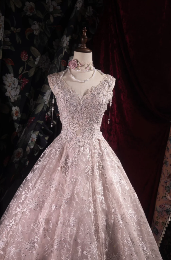 Cute A-line Pink Long Prom Dresses Lace V-neck Birthday Dresses Sleevless Evening Dresses DP04434