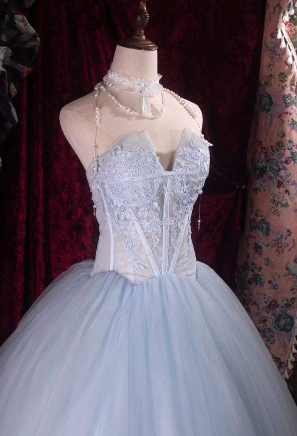 Cute A-line Pale Blue Long Prom Dresses Tulle Strapless Party Dresses Sleevless Evening Dresses DP04435