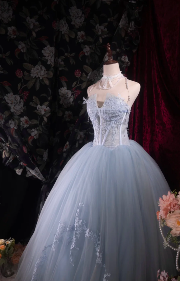 Cute A-line Pale Blue Long Prom Dresses Tulle Strapless Party Dresses Sleevless Evening Dresses DP04435