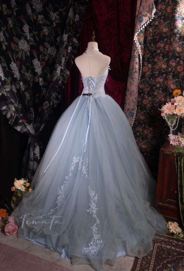 Cute A-line Pale Blue Long Prom Dresses Tulle Strapless Party Dresses Sleevless Evening Dresses DP04435