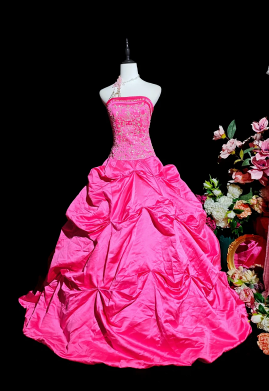 Cute A-line Fuchsia Long Prom Dresses Satin Strapless Quinceanera Dresses Sleevless Sweet 16 Dresses DP04437