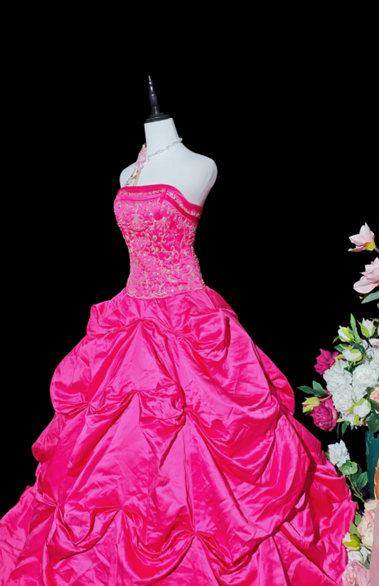 Cute A-line Fuchsia Long Prom Dresses Satin Strapless Quinceanera Dresses Sleevless Sweet 16 Dresses DP04437