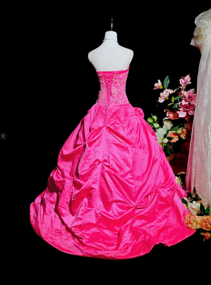 Cute A-line Fuchsia Long Prom Dresses Satin Strapless Quinceanera Dresses Sleevless Sweet 16 Dresses DP04437