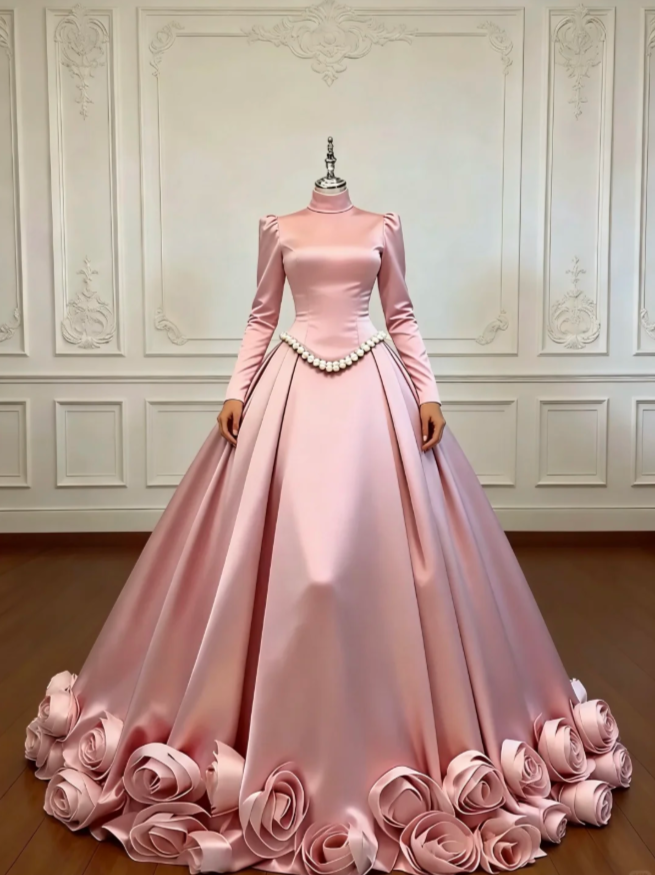 Cute A-line Pink Long Prom Dresses Satin High Neck Quinceanera Dresses Sleevs Sweet 16 Dresses DP04438