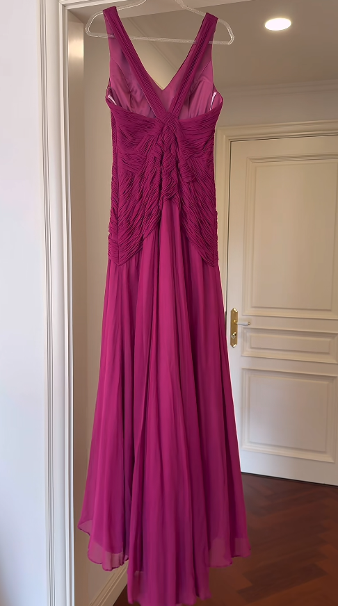 Chic V-Neck Sheath Long Prom Dresses Chiffon Fuchsia Birthday Drseses Sleeveless Evening Dresses DP04458