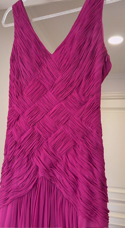 Chic V-Neck Sheath Long Prom Dresses Chiffon Fuchsia Birthday Drseses Sleeveless Evening Dresses DP04458