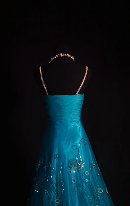 Chic Spaghetti Straps A-Line Long Prom Dresses Sequins Tulle Turquoise Party Dresses Sleeveless Evening Dresses DP04463