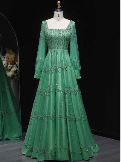 Chic Straps A-Line Long Prom Dresses Sequins Tulle Green Party Dresses Sleeveless Evening Dresses DP04464
