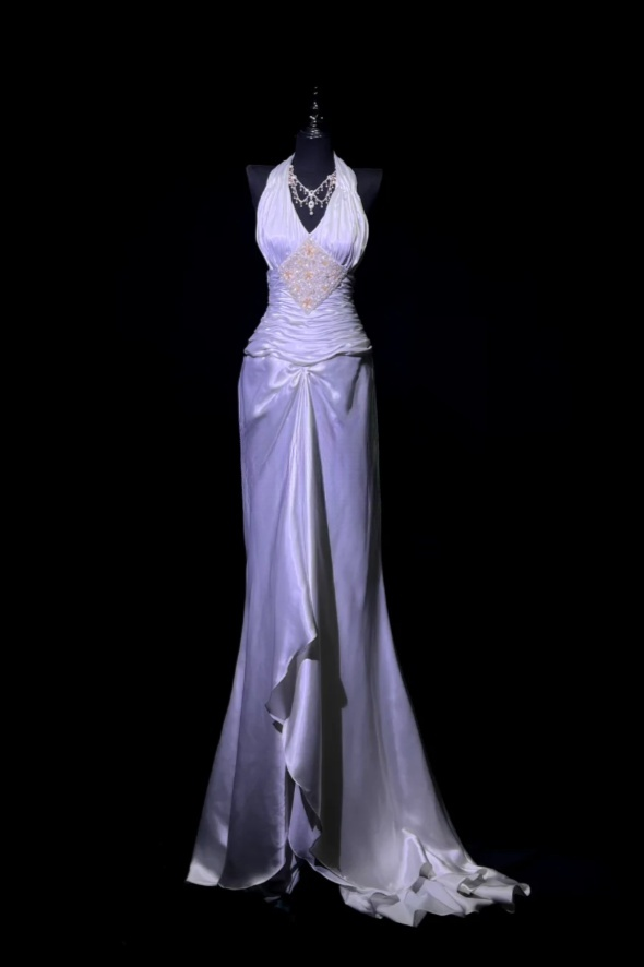 Elegant Halter Sheath Long Prom Dresses Satin Purple Party Dresses Sleeveless Evening Dresses with Open Back DP04465