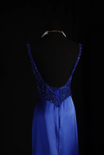 Elegant Straps Sheath Long Prom Dresses Satin Blue Party Dresses Sleeveless Evening Dresses with Open Back DP04466
