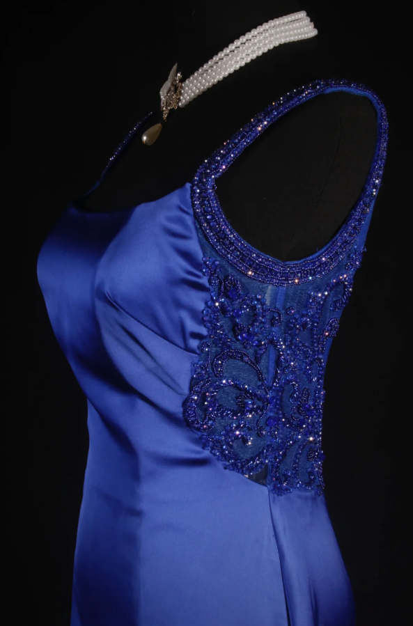 Elegant Straps Sheath Long Prom Dresses Satin Blue Party Dresses Sleeveless Evening Dresses with Open Back DP04466