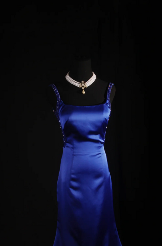 Elegant Straps Sheath Long Prom Dresses Satin Blue Party Dresses Sleeveless Evening Dresses with Open Back DP04466