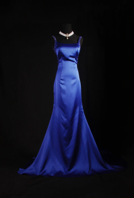 Elegant Straps Sheath Long Prom Dresses Satin Blue Party Dresses Sleeveless Evening Dresses with Open Back DP04466