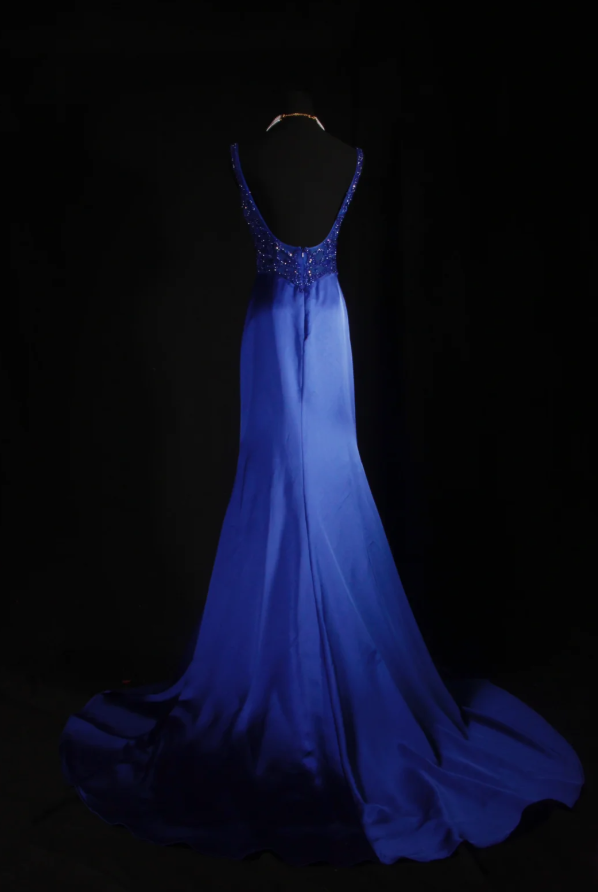 Elegant Straps Sheath Long Prom Dresses Satin Blue Party Dresses Sleeveless Evening Dresses with Open Back DP04466