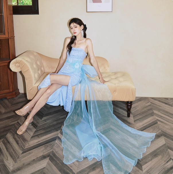 Elegant Strapless Sheath Long Prom Dresses Tulle Blue Party Dresses Sleeveless Evening Dresses with Slits DP04467
