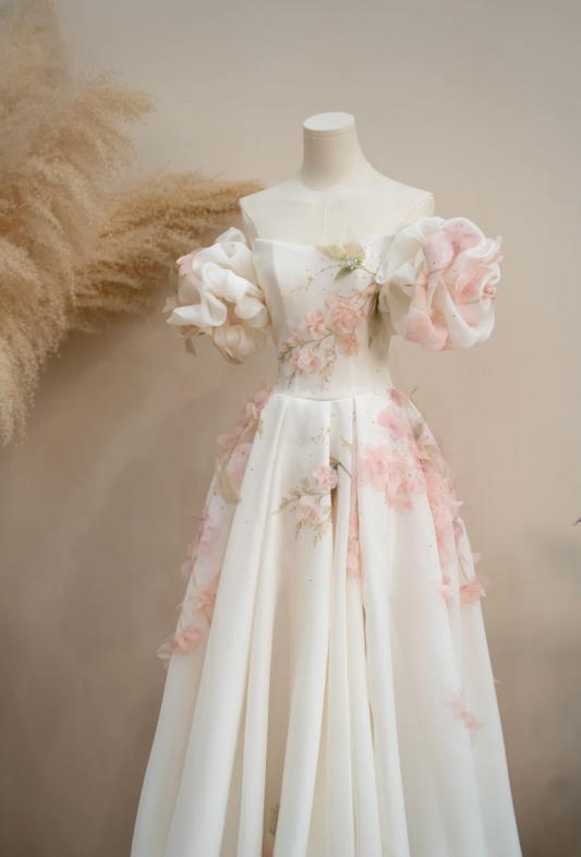 Elegant A-Line Floral Long Prom Dresses Cup Sleeves Evening Dresses Chiffon Birthday Dresses DP04475