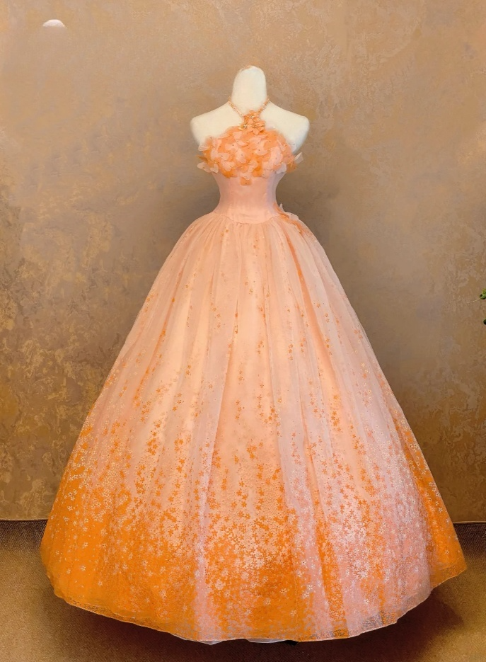 Cute A-Line Long Prom Dresses Tulle Orange Quinceanera Dresses Strapless Sweet 16 Dresses DP04477