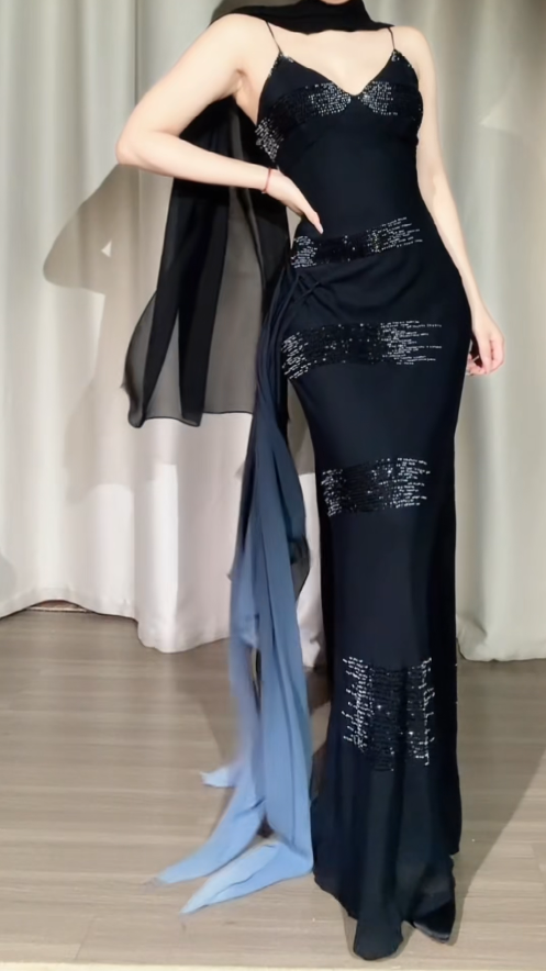 Glam Black Sheath Long Prom Dresses Chiffon Beaded Spaghetti Straps Evening Dresses DP04478