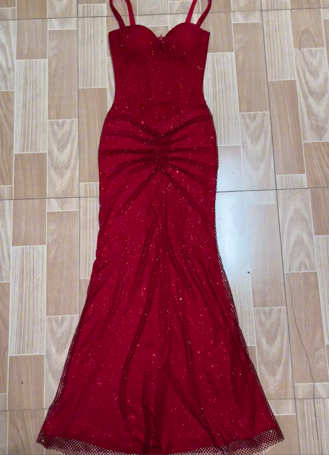 Fashion Burgundy Mermaid Long Prom Dresses Tulle Diamonds Spaghetti Straps Christmas Dresses Sleeveless Evening Dresses DP04482