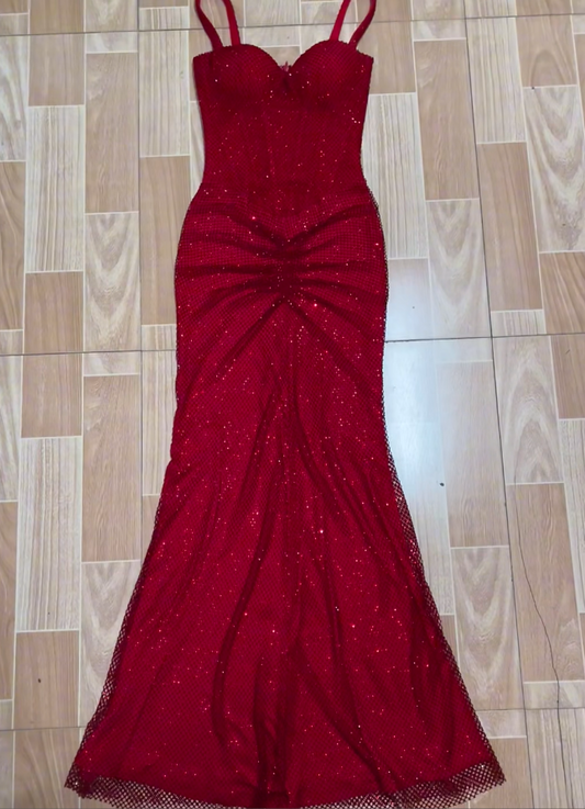 Fashion Burgundy Mermaid Long Prom Dresses Tulle Diamonds Spaghetti Straps Christmas Dresses Sleeveless Evening Dresses DP04482
