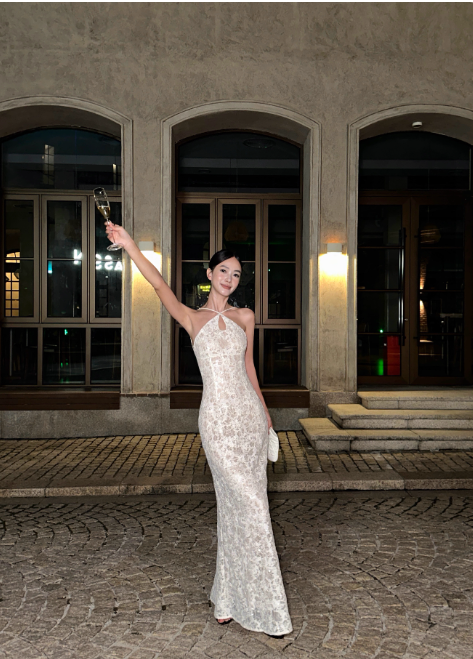 Fashion  White Sheath Long Prom Dresses Appliques Halter Christmas Dresses Sleeveless Evening Dresses DP04490