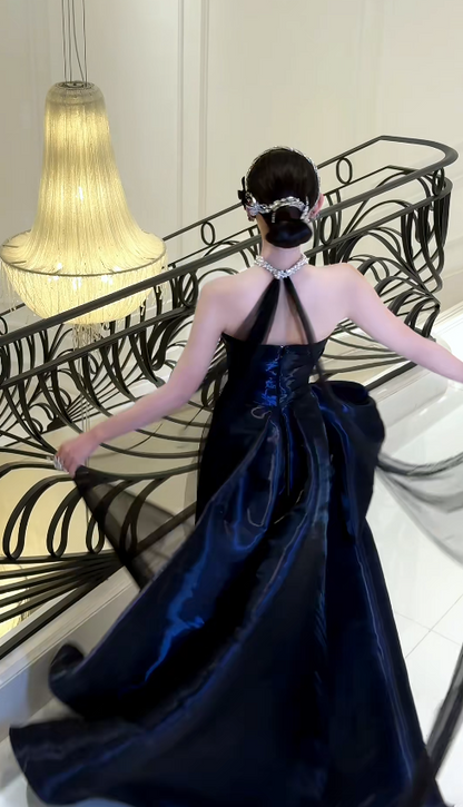 Elegant Strapless A-Line Long Prom Dresses Satin Navy Blue Evening Dresses DP04502