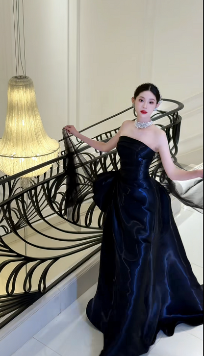 Elegant Strapless A-Line Long Prom Dresses Satin Navy Blue Evening Dresses DP04502