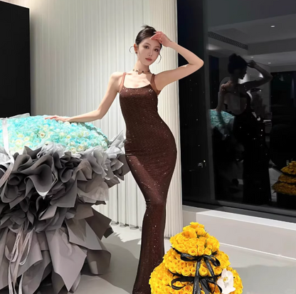Fashion Burgundy Sheath Long Prom Dresses Diamonds Tulle Sleeveless Evening Dresses Backless Birthday Dresses DP04526