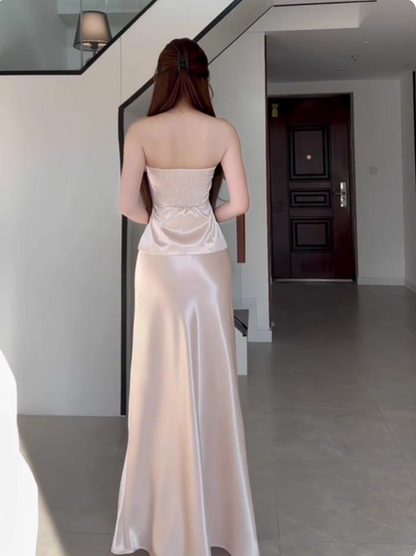 Chic Champagne Sheath Long Prom Dresses Satin Strapless Bridesmaid Dresses DP04529