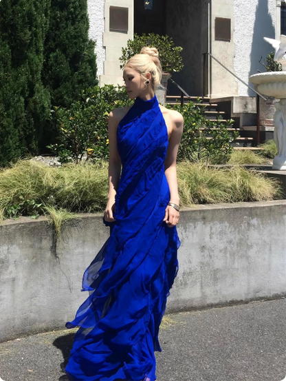 Chic Royal Blue Sheath Long Prom Dresses Chiffon Halter Evening Dresses Sleeveless Birthday Dresses DP04530