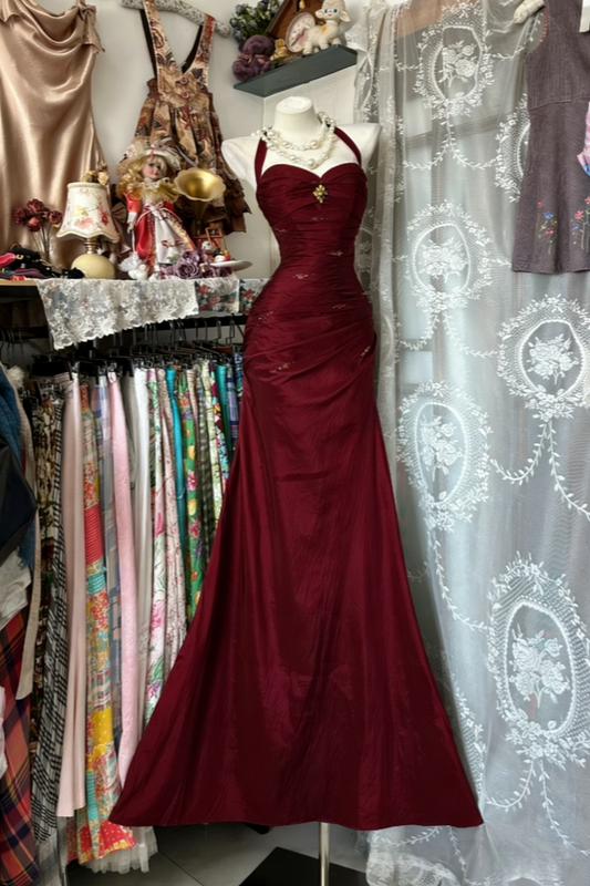 Elegant Sheath Evening Dresses Burgundy Long Prom Dresses Sleeveless Satin Party Dresses DP04561