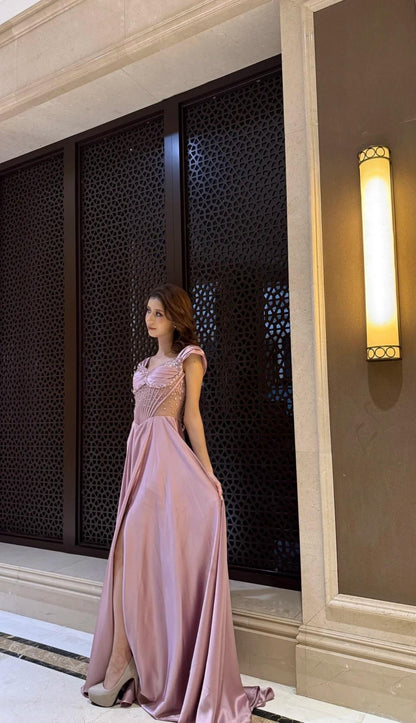 Chic A-Line Evening Dresses Straps Dusty Pink Long Prom Dresses Satin Sleeveless Party Dresses DP04566