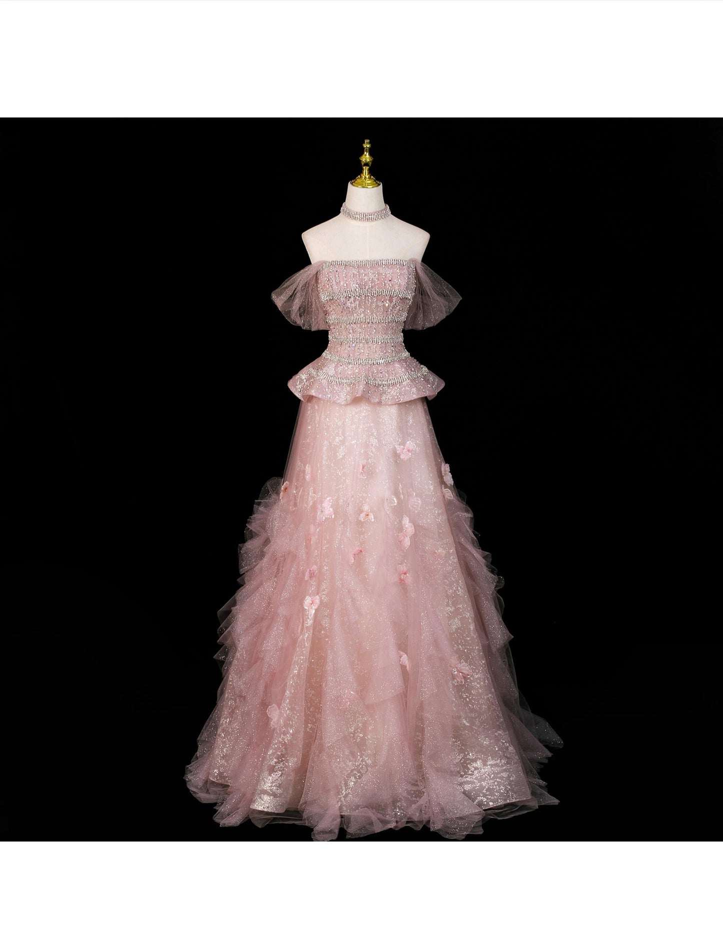 Fairy A-Line Evening Dresses Off-shoulder Pink Long Prom Dresses Appliques Sequins Tulle Sleeveless Brithday Dresses   DP04574