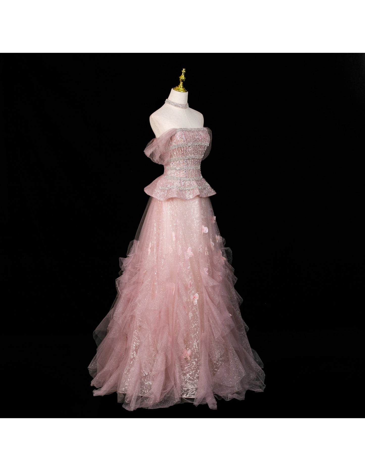 Fairy A-Line Evening Dresses Off-shoulder Pink Long Prom Dresses Appliques Sequins Tulle Sleeveless Brithday Dresses   DP04574