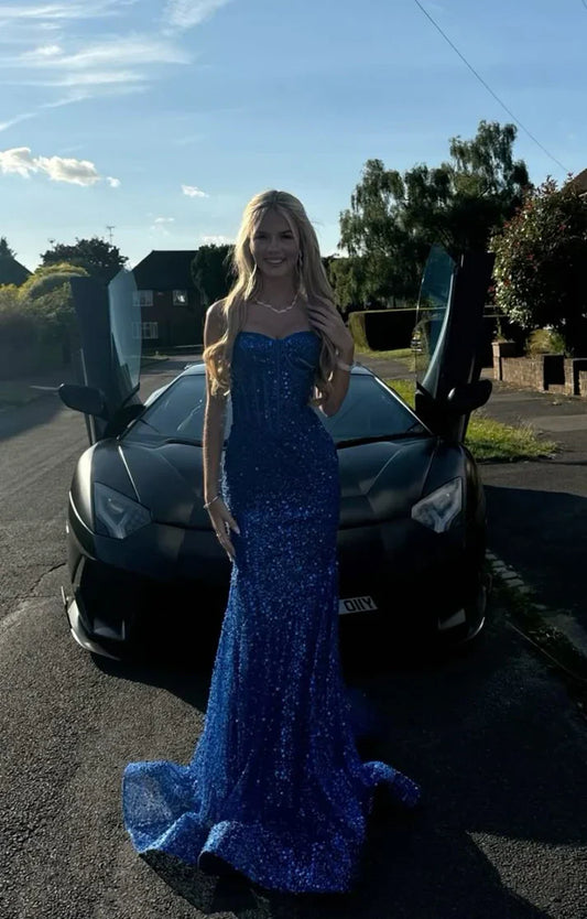 Fairy Mermaid Evening Dresses Spaghetti Straps Blue Long Prom Dresses Sequins Tulle Sleeveless Brithday Dresses DP04575