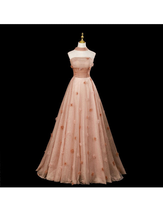 Fairy A-Line Evening Dresses Strapless Long Prom Dresses Aplliques Tulle Sleeveless Brithday Dresses  DP04576