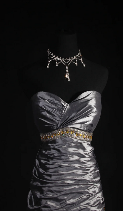 Elegant Sheath Evening Dresses Sweetheart Gray Long Prom Dresses Satin Sleeveless Brithday Dresses   DP04577