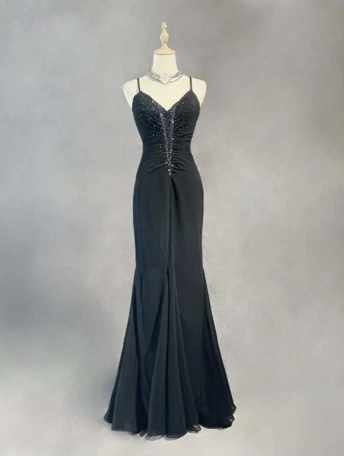 Chic Sheath Evening Dresses Beaded Chiffon Black Long Prom Dresses Sleeveless Brithday Dresses  DP04585