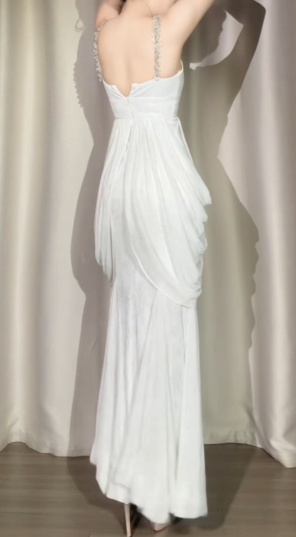 Chic Sheath Evening Dresses Chiffon White Long Prom Dresses Sleeveless Brithday Dresses  DP04586