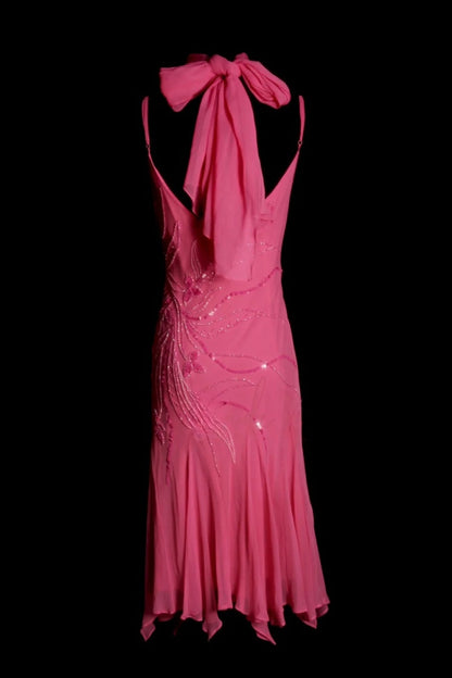 Chic Sheath Short  Prom Dresses Chiffon Beaded Hot Pink Birthday Dresses Sleeveless Evening Dresses DP04596