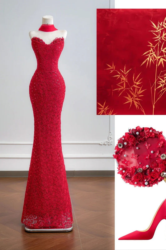 Elegant Sweetheart Mermaid Long Prom Dresses Lace Beaded Red Evening Dresses DP04598