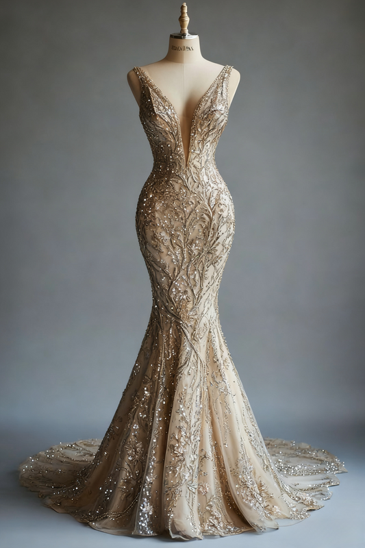 Elegant V-neck Mermaid Long Prom Dresses Tulle Applique Champagne Evening Dresses DP04599