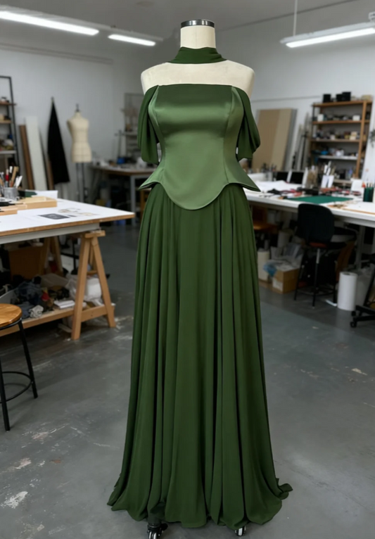 Elegant Dark Green Sheath Long Prom Dresses Satin Off-shoulder Birthday Dresses Sleeveless Evening Dresses  DP04661